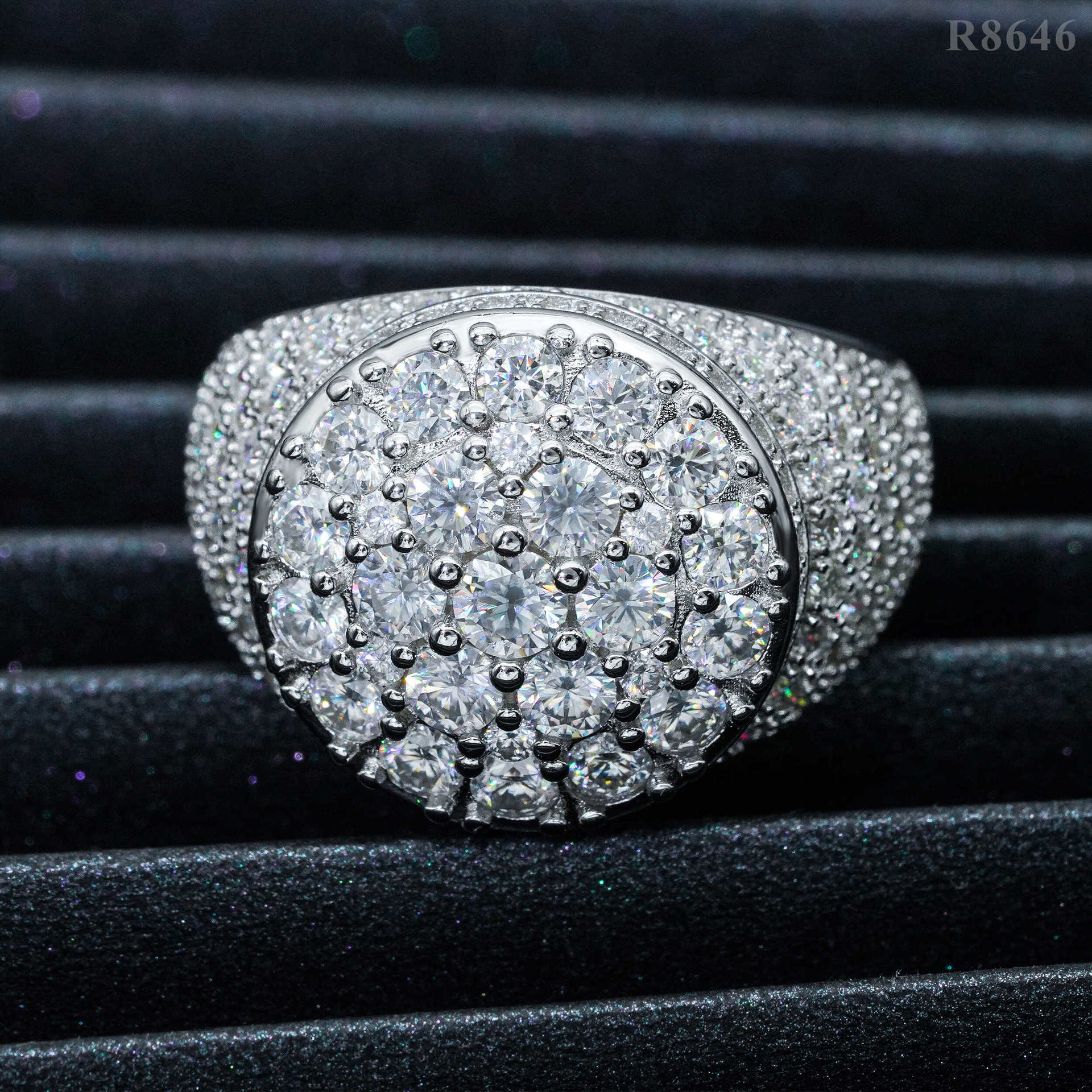 Hip Hop Fine Jewelry Passd Diamond Tester 925 Silver Iced Out VVS Moissanite Cluster Prong Dome Ring for Men Women
