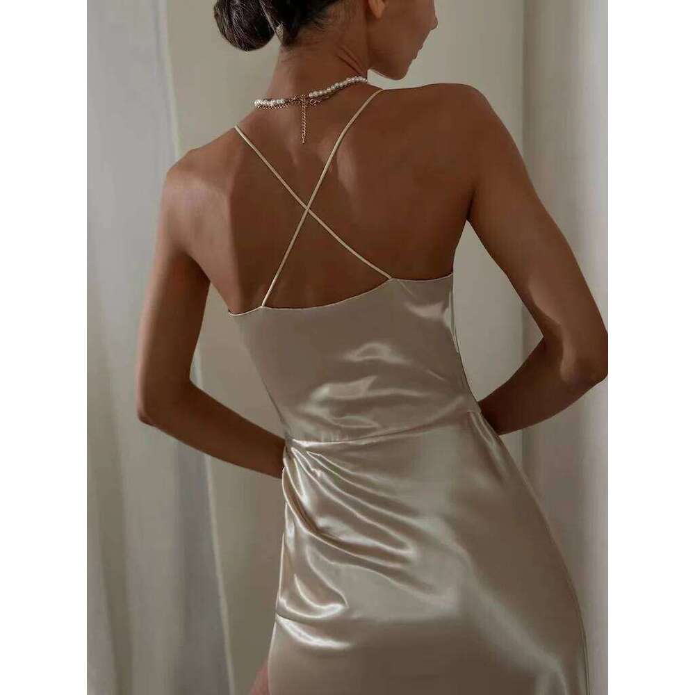 Sexy Evening for Woman Camisole Backless Slit Dresses High Split Pleat Satin Formal Elegant Party Prom Gowns Vestidos