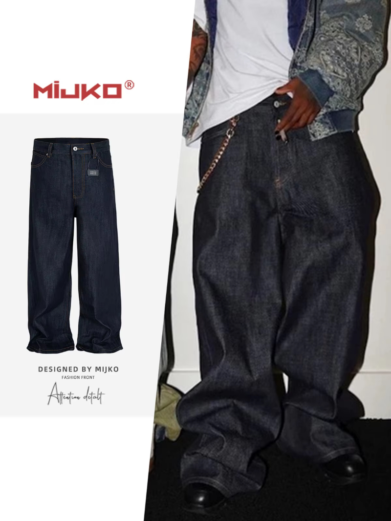 MIJKO Black Blue Mens Baggy Jeans Straight Solid Color Cleanfit Loose Casual Denim Trousers Unisex Cargo Pants ZJ090