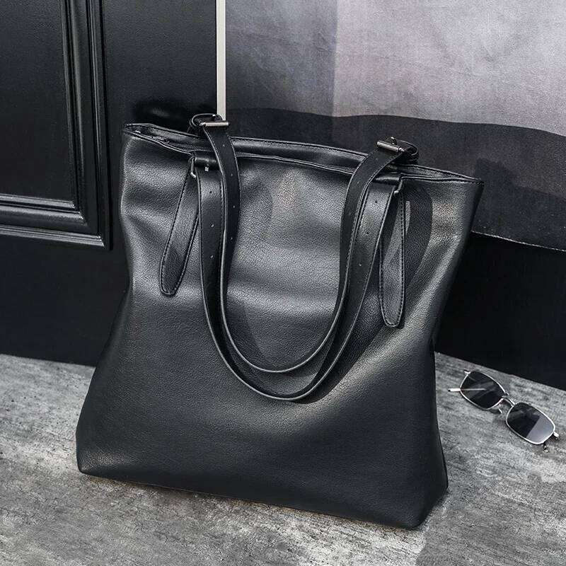 Soft Leather Tote Bag For Men's Japanese Korea Style Business Casual Street Handbag Male Large Capacity Zipper Laptop Bags