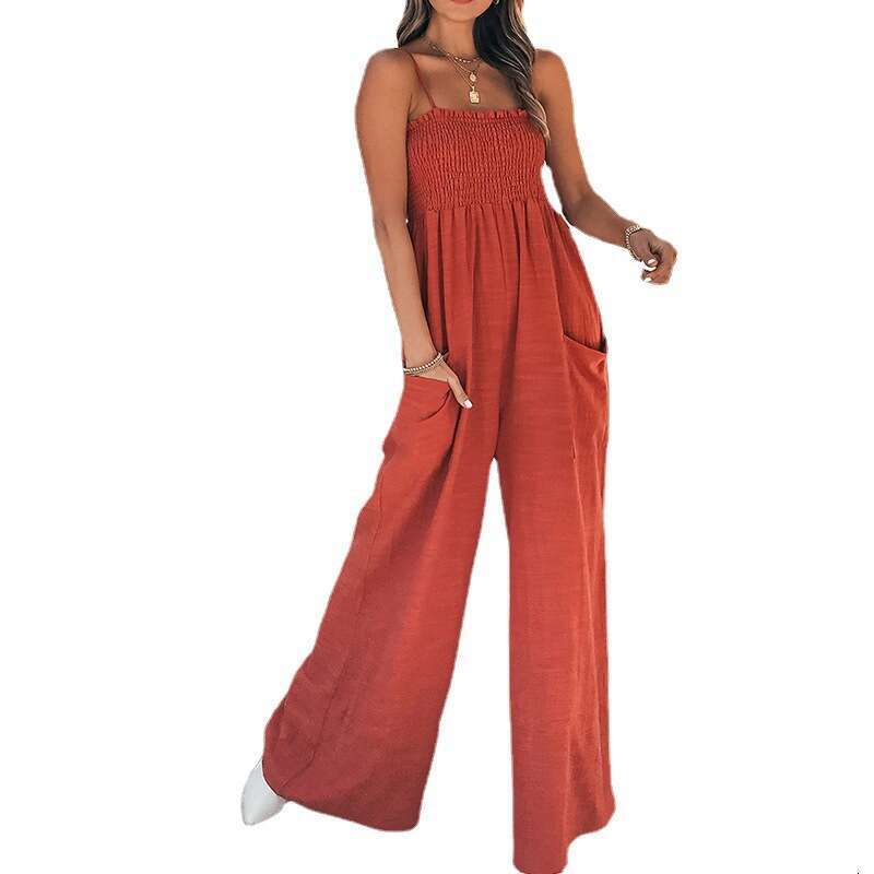 Women's Fashion Spring New Solid Color Ruched Strapless Simple Slimming High Waist Camisole Jumpsuit B5