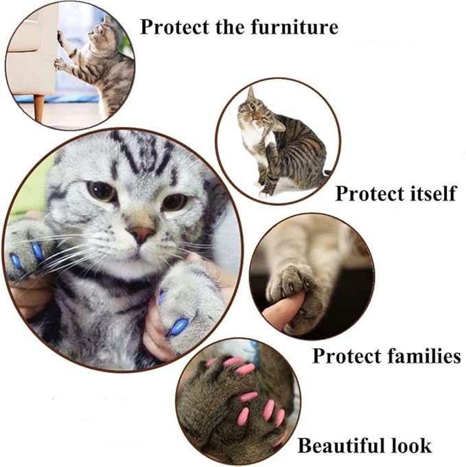 Cat Nail Caps, 20 Colors with Glue and Applicators, Safe for Cat Claw Care, Protect Homes and Furniture, Prevent Scratch Disease, Long-lasting, Skin-f
