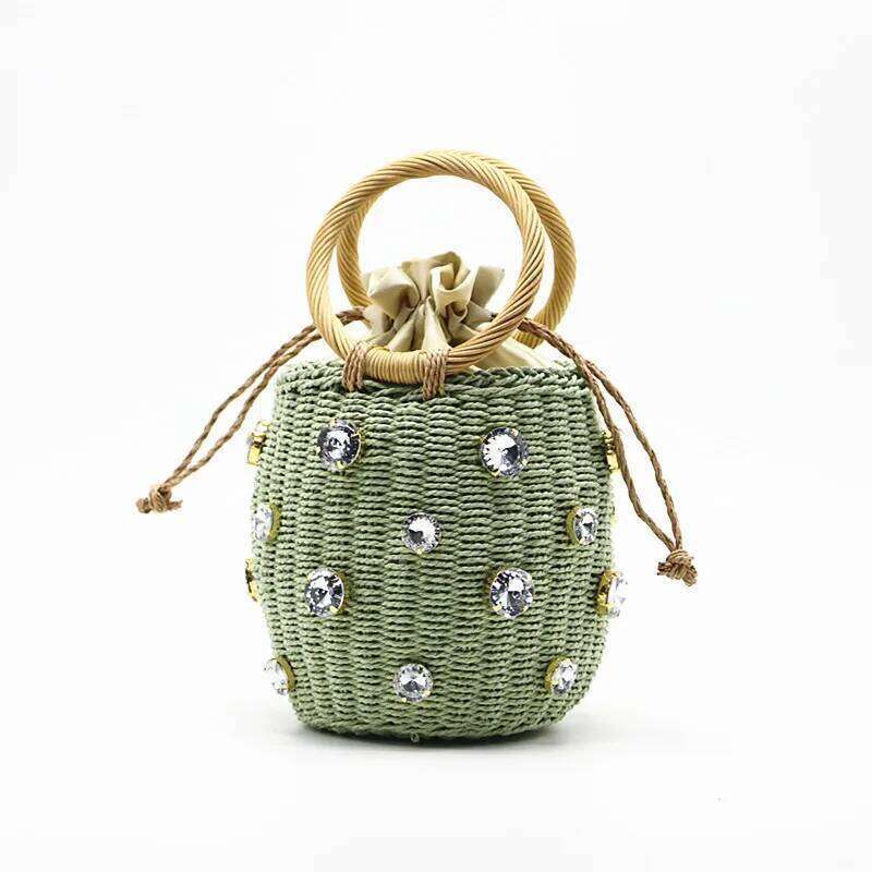 Summer Round Rattan Handmade Dia Pearl Bohemian Leisure Straw Bucket Knitting Shoulder Crossbody Beads Beach Bag