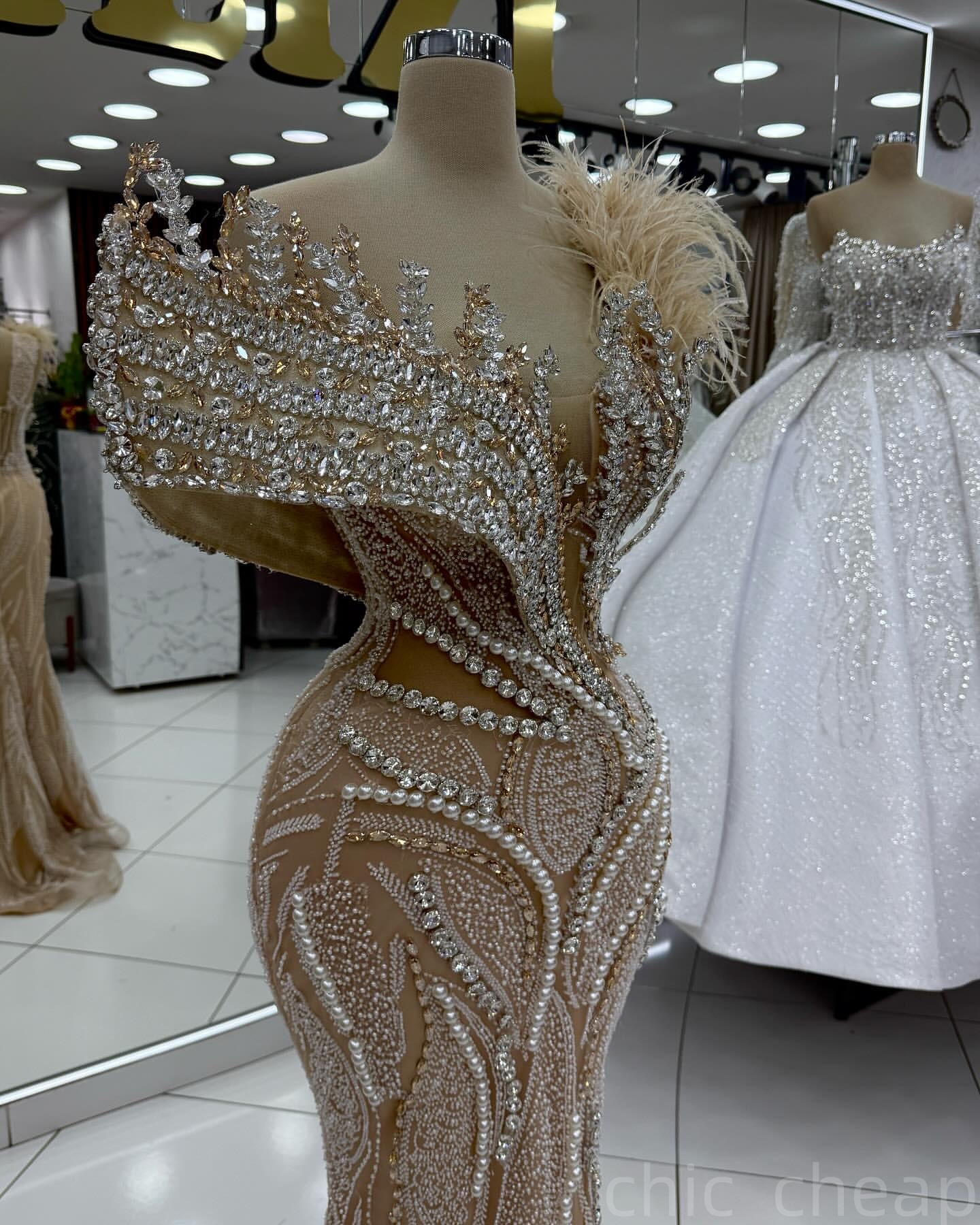 Champagne Mermaid Prom Dresses 2025 Illusion Crystals Feather Evening Formal Party Second Birthday Engagement Gowns Plus Size Dress For Special Occasi