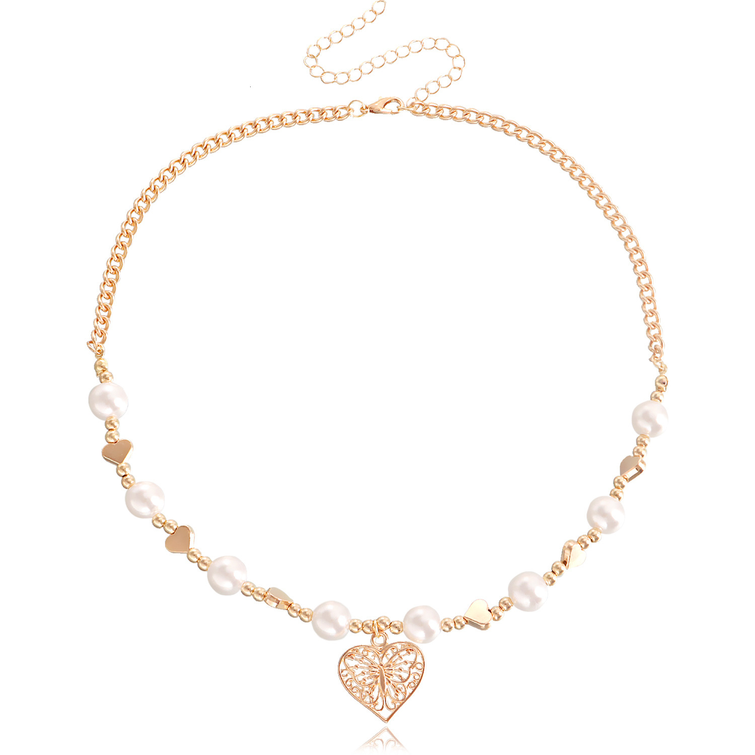 Faux Pearl Collarbone Chain Splicing Personality Hot Girl Simple Geometric Heart Trendy Metal Necklace Jewelry for Women