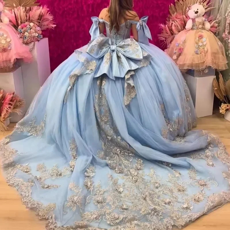 Sky Blue Shiny Princess Quinceanera Dresses Off-Shoulder Bow Ruffle Appliques Lace Beads Tull Sweet 16 Dress Vestidos 15 De XV Anos