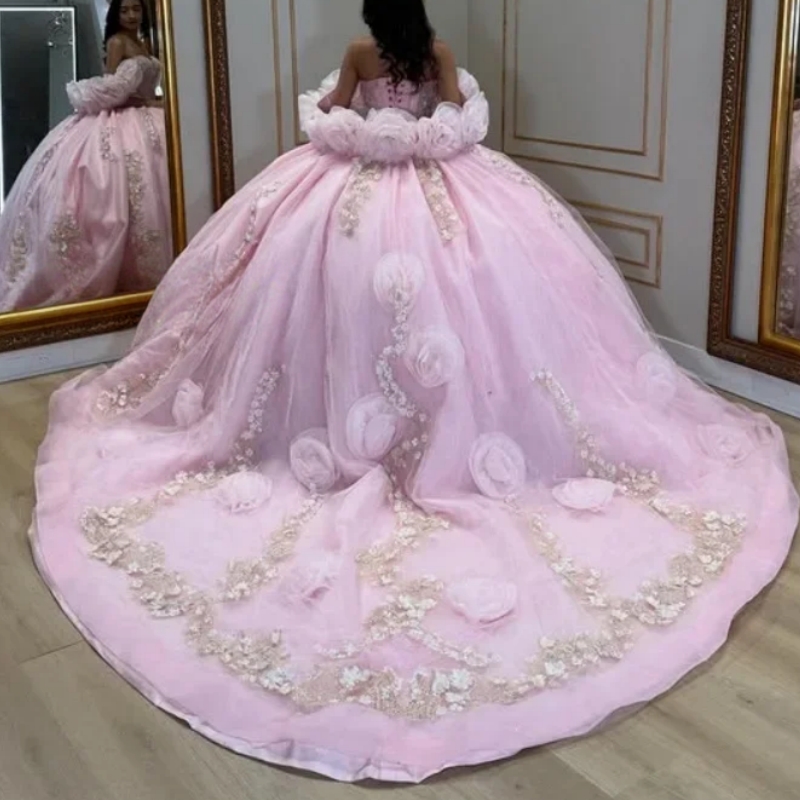 Charming Pink Off The Shoulder Quinceanera Dresses Ball Gown 3D Flower Appliques Beading Crystal Tull Sweet 16 Dress Vestidos De 15 Anos
