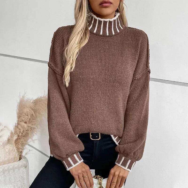 Pop 2025 Women's Autumn Winter Pullovers Tops Female Striped Pullover High Neck Sweater Lady Casual Long Sleeve Knitwears For Wo