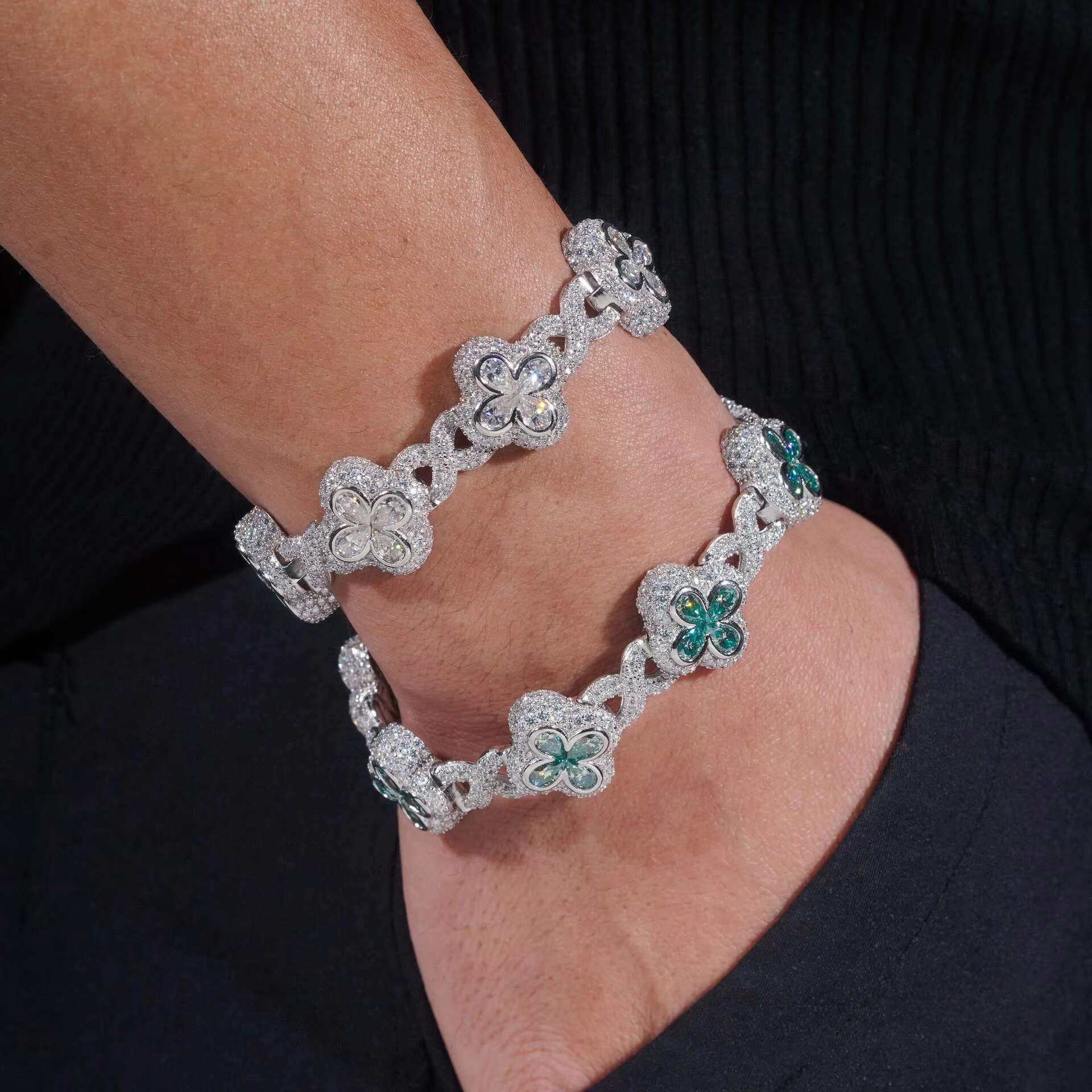 Hip Hop 925 Sliver Clover Shape Design Iced Out VVS Moissanite Diamond Cuban Link Chain Bracelet Jewelry for Mens