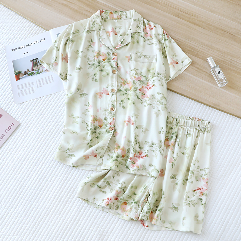 Hot selling soft and high-end touching cotton summer sleepwear, women's floral printed satin short sleeved shorts set, comfortable and casual hom