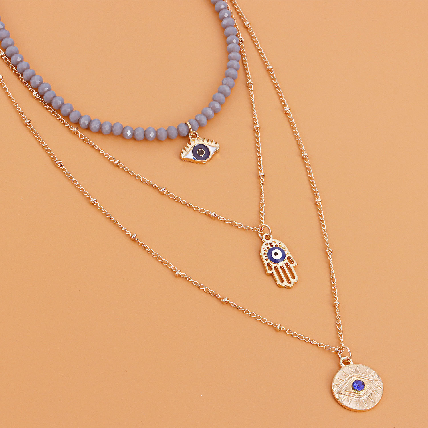 Jewelry Trendy Multi-layer Gray Rhinestone Blue Devil Eye Pendant for Women Unique Necklace Jewelry for Women