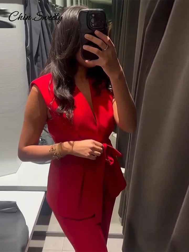 Elegant Pant 2 Piece Set Women Sleeveless Lace Up VNeck Vest Top Pleat Zip High Waist 2025 Summer Loose Lady Commute Outfits 250616