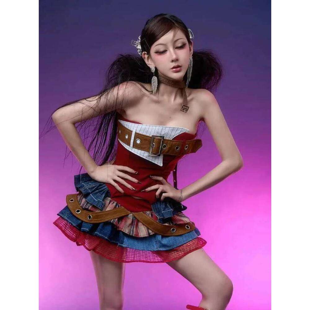 Preppy Vintage Red Denim Bustier Tops + Sweet Spicy Pure Design Mini Cake Skirt Women 2 Piece Sets Summer 2025 Korea Style