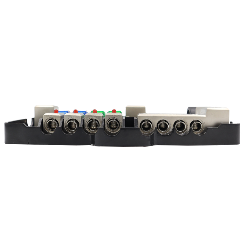 Multi functional fuse box with LED light (four-way fuse 30A/60A+two in four out junction box+2 spare fuses 80A)