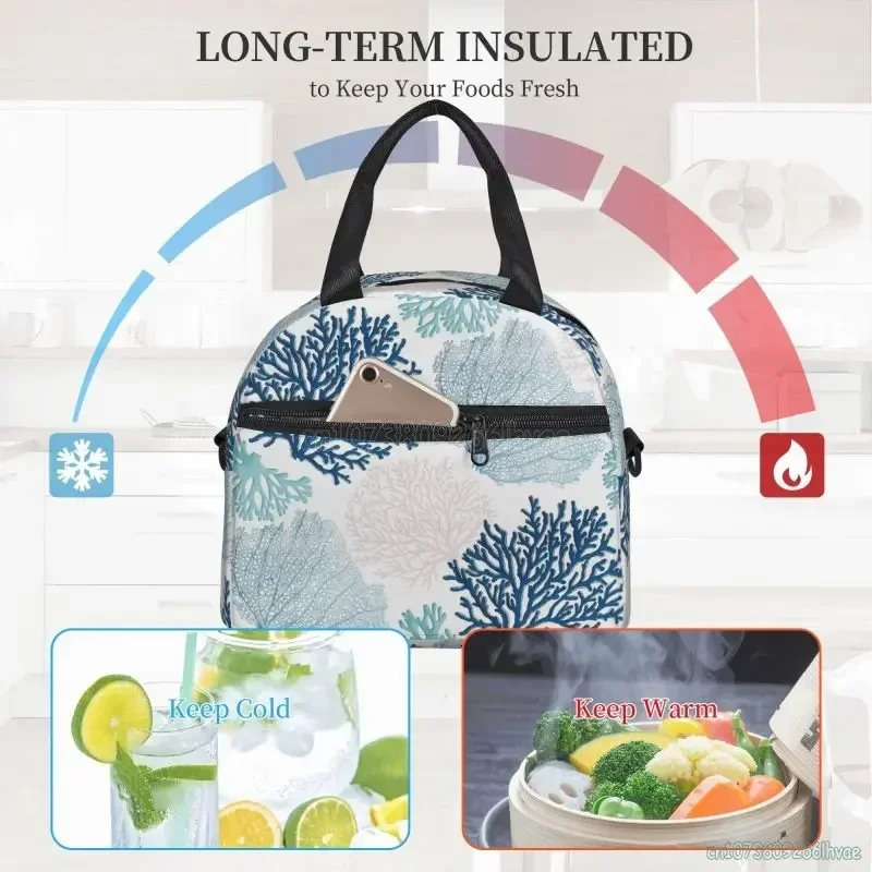 Summer Coastal Coral Branch Thermal Insulated Lunch Box for Work School Picnic Beach Food Bags Women Resuable Cooler Bento Bag 250624