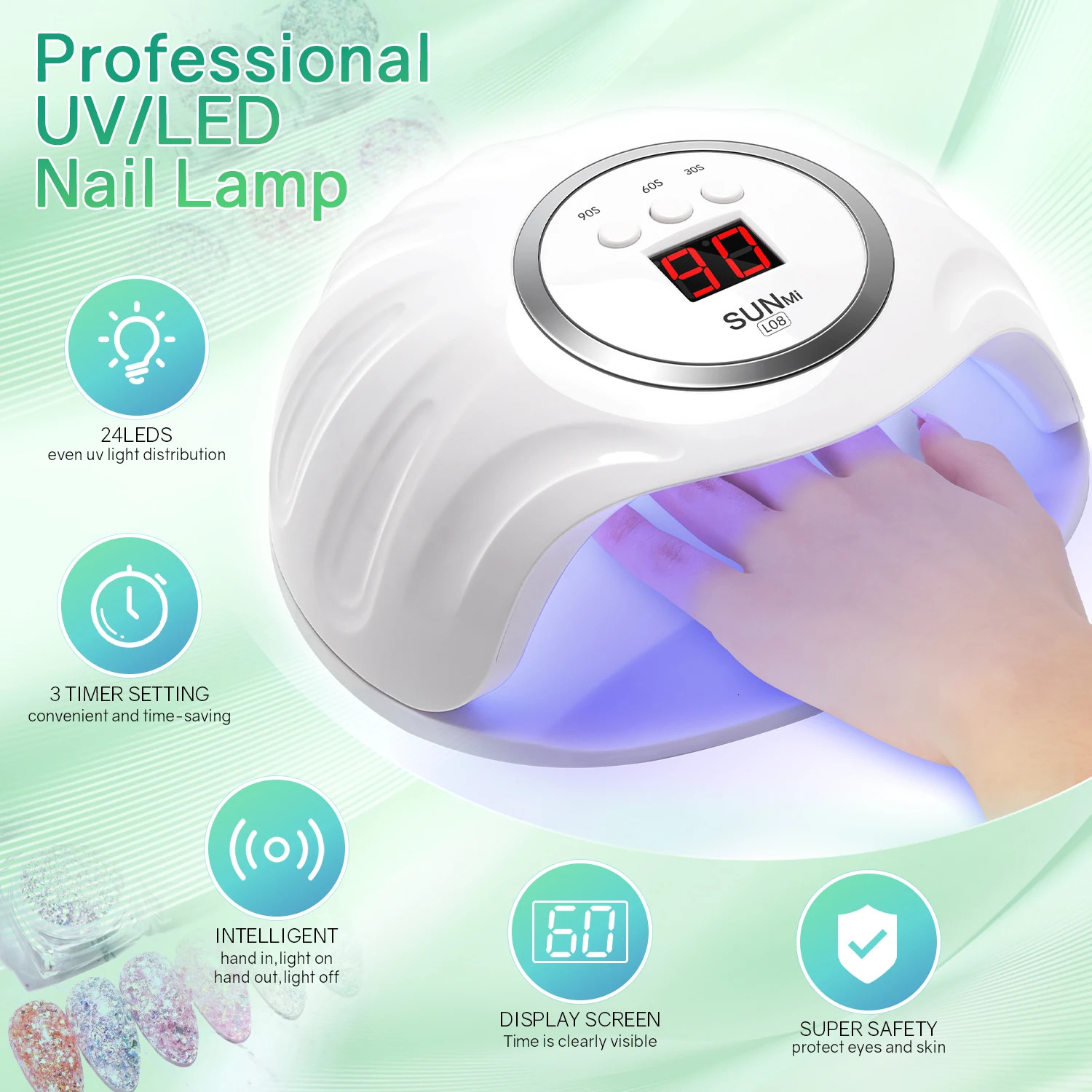 72W UV LED Nail Lamp Professional Nail Dryer with 24 Light Beads 3 Timer Settings and Display Auto Sensor for Salon Home 250625