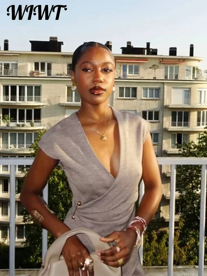 Casual Deep V Neck Top Trouser Slim Sleeveless Button Pleated Tops Wide Leg Long Pants 2025 Summer Office Lady Outfit 250616