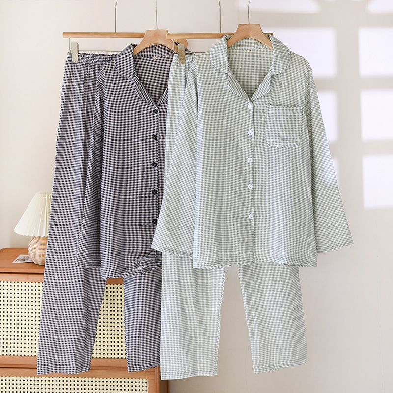 Wholesale baby cotton yarn sleepwear, women's spring and autumn thin style breathable and sweat absorbing collar, small square simple long sleeve