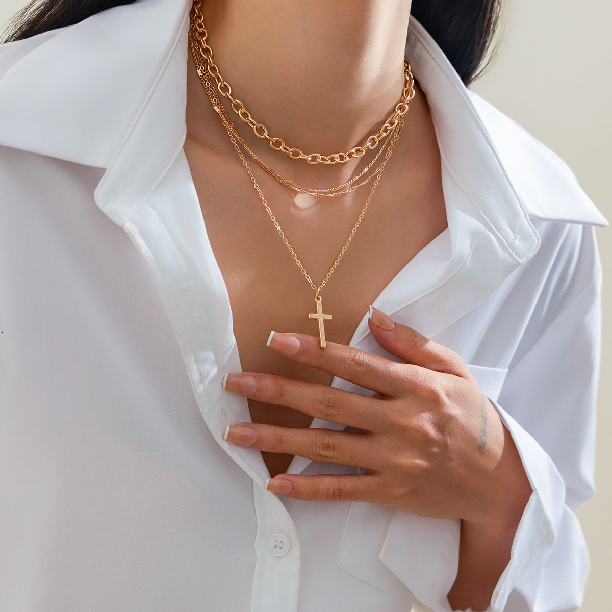 Hip Hop Ins Style Cross Pendant for Women Simple Crystal Personality Sweater Chain Necklace