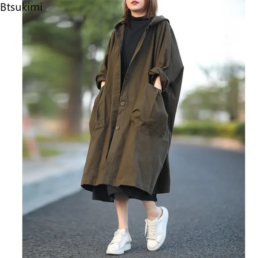 Fashion Korean Style Hooded Jacket for Women Loose Casual Big Pockets Trench Coats Ladies Retro Mid-length Jacket Oversized 250625