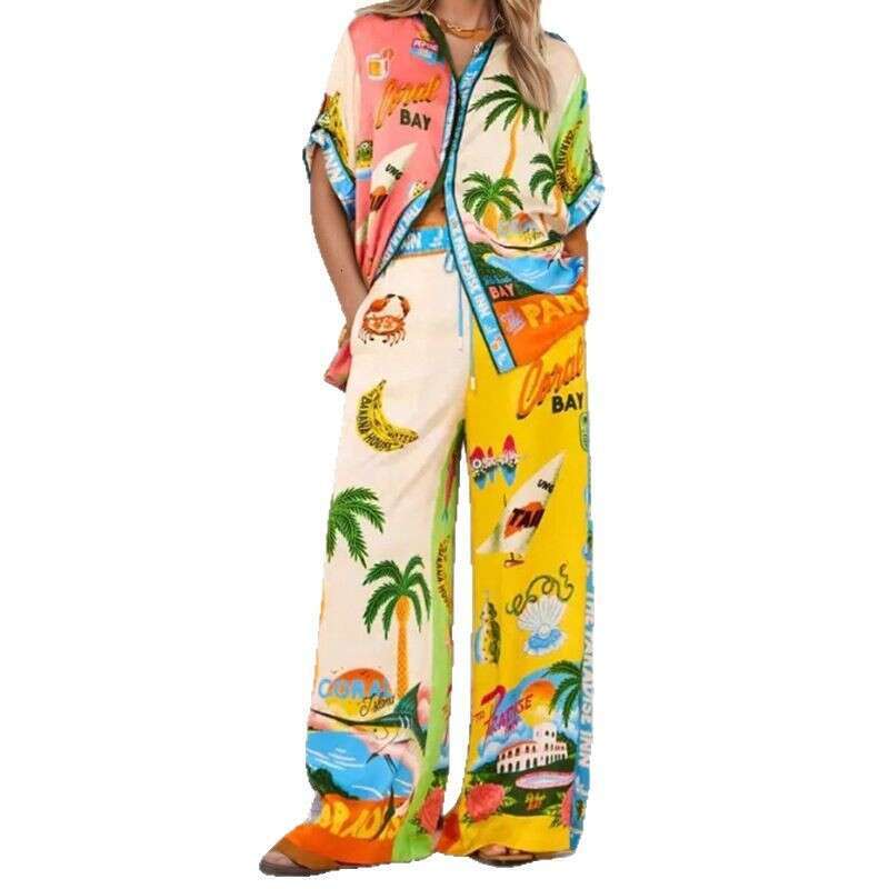 Spring New Women's Elegant Shirt And Pants Loose Print Fashion Set B5