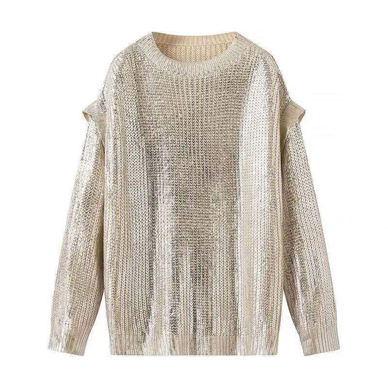 2024 Spring Women Retro Bronzing Sier Sweater Drop Shoulder Long Sleeve Rib Knitted Pullover Knitwear Jumper