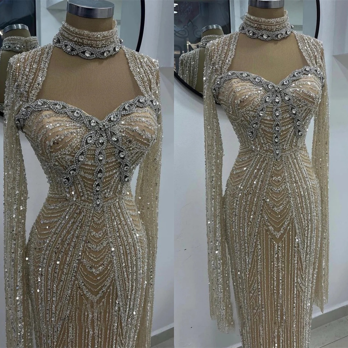 Fashion Wedding Dresses Sequins Crystal Bridal Gowns Mermaid Long Sleeves High Neck Slim Customized Bride Vestidos De Novia Plus Size