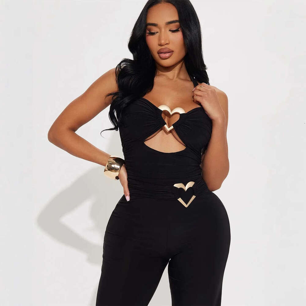 New Fashionable Elegant Slim Sexy Solid Color Hollow Metal Strap Backless Jumpsuit B5