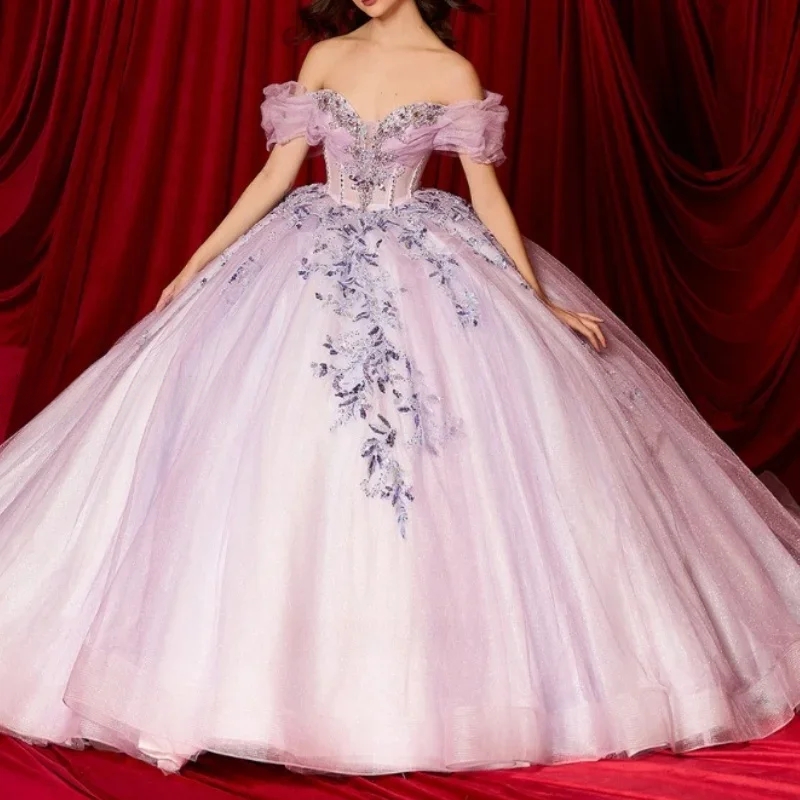 Glittering Light Pink Quinceanera Dresses Sequin Applique Beads Tulle Sweet 16 Dress Birhtday Party Dress Vestidos 15 De XV Anos