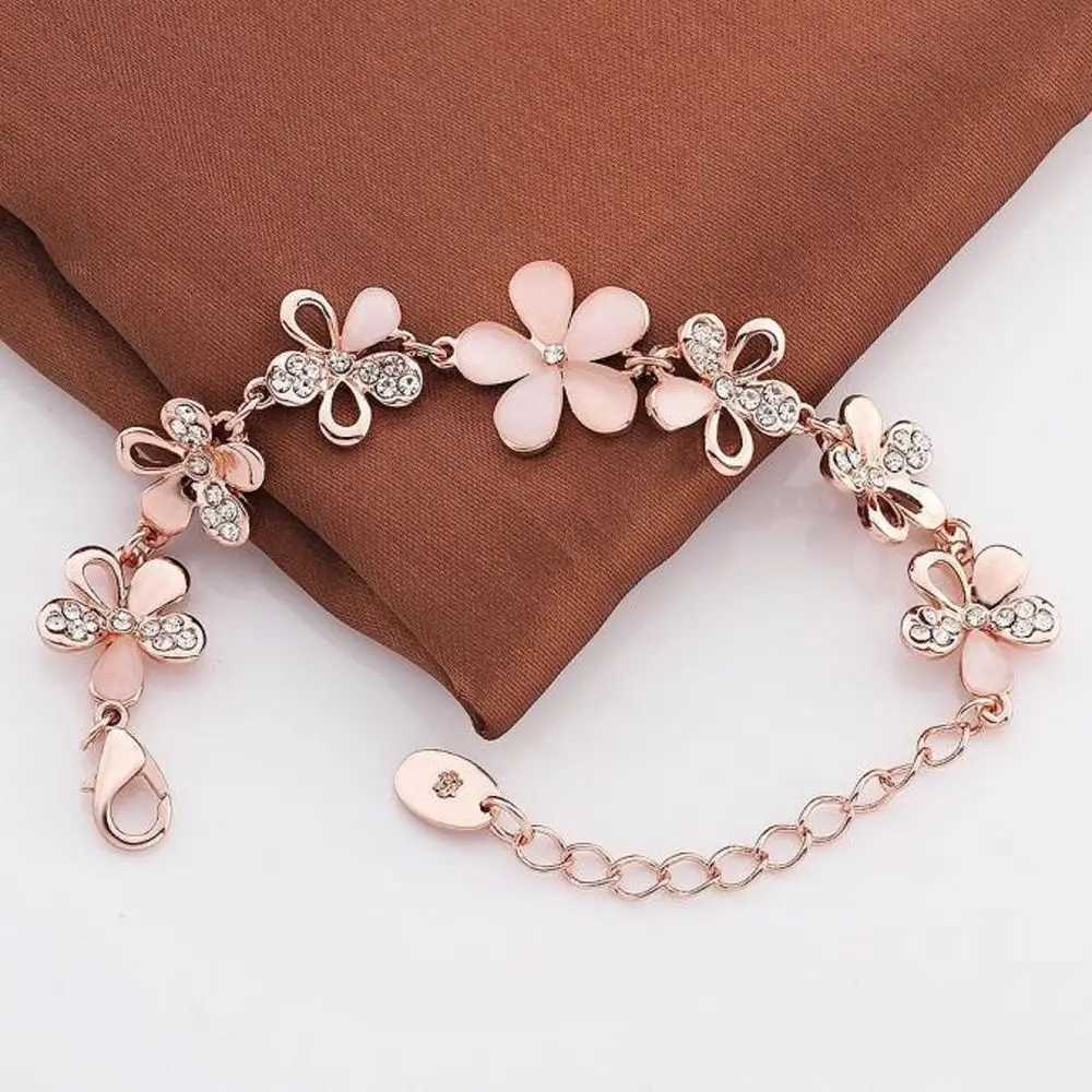 Charming 18K Rose Gold Plated Wen Cats Eye Opal Flower Chain Bracelet Gift For Wen Girl X250625