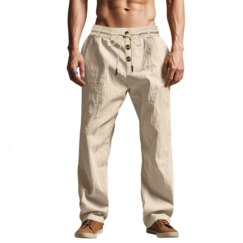 2025 Summer Casual Mens Beach Trendy Button Loose Skin friendly Breathable Sports Linen Pants 250614