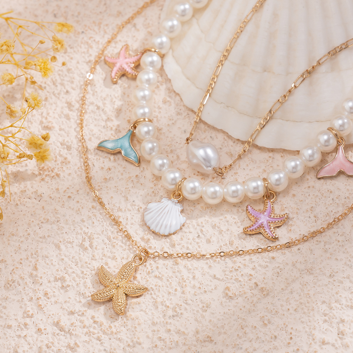 Jewelry Imitation Pearl Beach Mermaid Pendant Starfish Shell Vacation Necklace