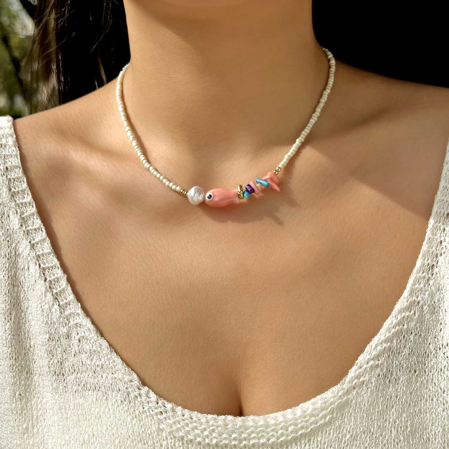 Cute Ceramic Fish Necklace for Women Girls Y2K Colorful Beads Shell Starfish Necklace Trend Aesthetic Summer Beach Jewelry Gift M250625