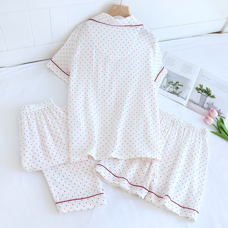 Summer pure cotton small round dot crepe fabric three piece set shorts, breathable and sweat absorbing pants, lapel and age reducing pajamas set