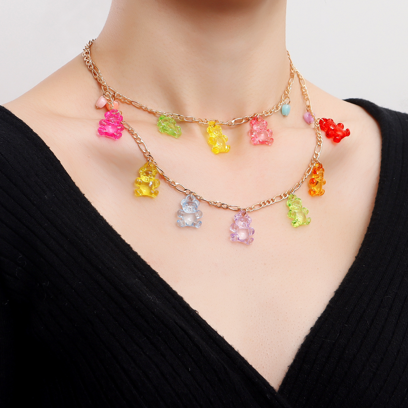 Trendy Double Layer Colorful Transparent Bear Heart Pendant Necklace for Women Unique Design Jewelry Jewelry for Women