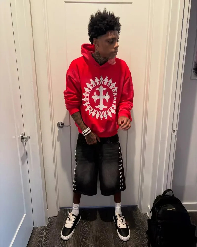 Streetwear Gothic Harajuku fashion men pullovers American trend red printed hoodie Hip hop punk casual loose sweatshirt 250618