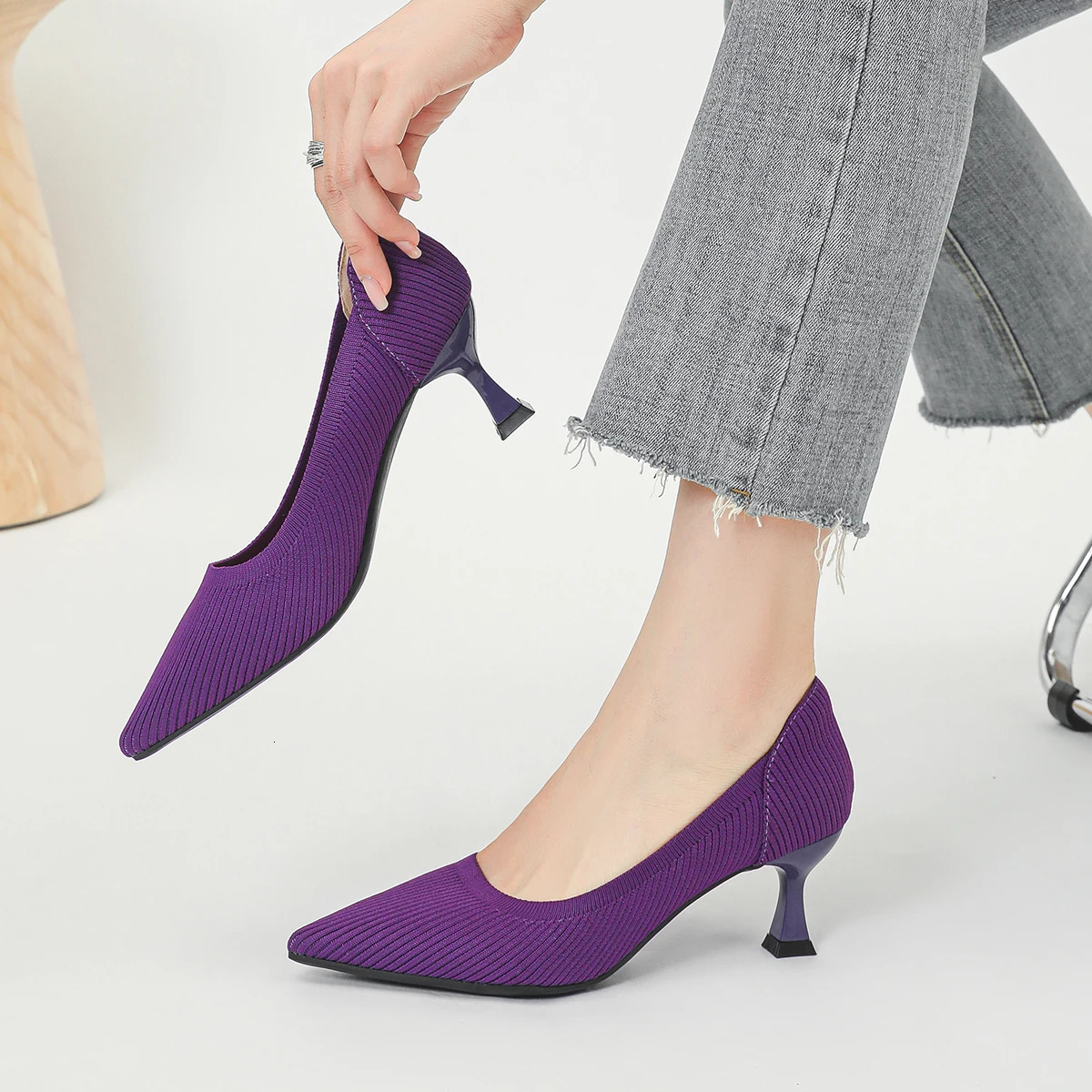 Womens High Heels Fashion Pattern Soft Knitted Comfortable Breathable Shoes 6cm High 250624