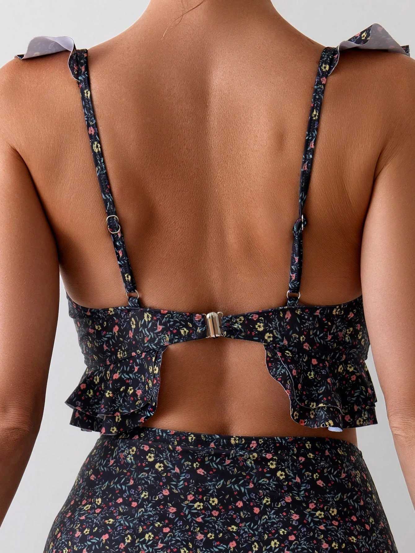 Lace print bikini split suit high-waisted conservative design covering the belly and looking thin XJ250624