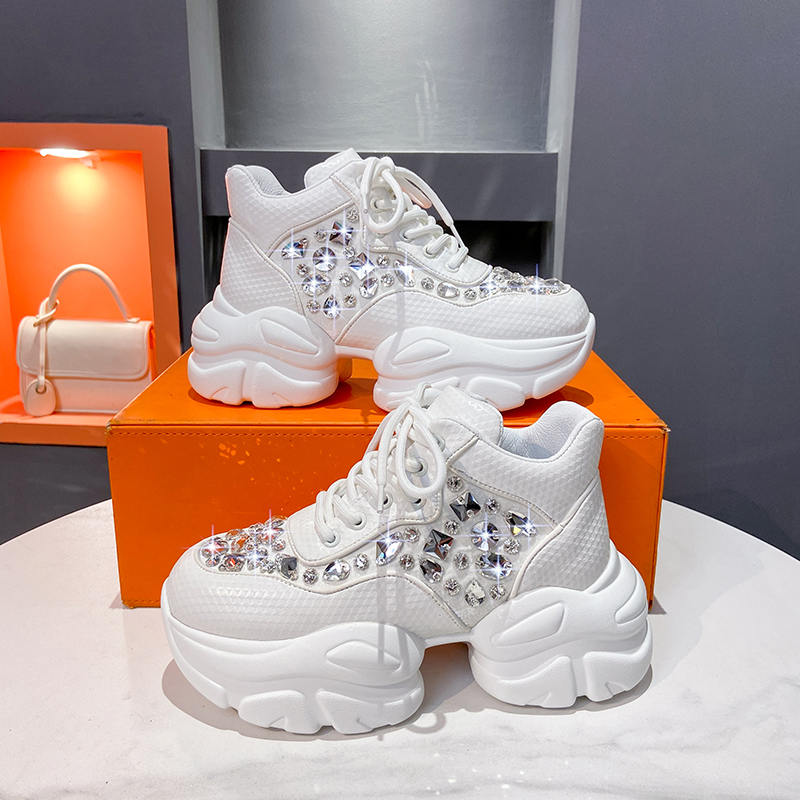 Fashion Luxury Women's Shoes Casual Thick Sole 8cm Designer Sneakers Girls Lace-up Ladies Casual Shoes White crystal decoration Women Zapatillas 