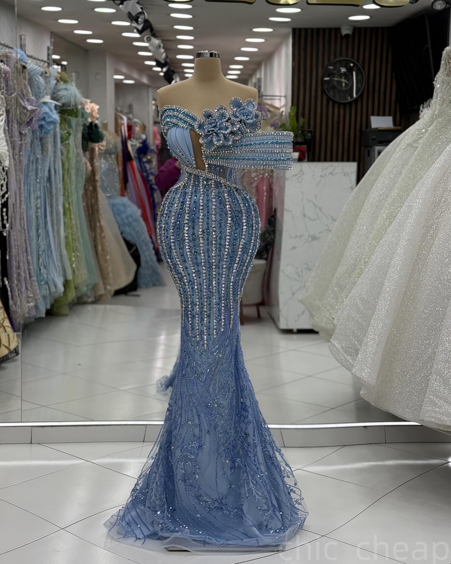 Sky Blue Mermaid Prom Dresses 2025 Flowers Crystals Luxurious Evening Formal Party Second Birthday Engagement Gowns Plus Size Dress For Special Occasi