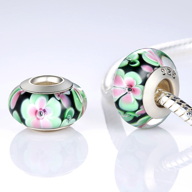 New Arrival Pink Luminous Murano Glass Beads Flower Colorful Charms Beaded Fit Original Bracelet Pendant DIY Jewelry Making Elegant Bracelet Pendants