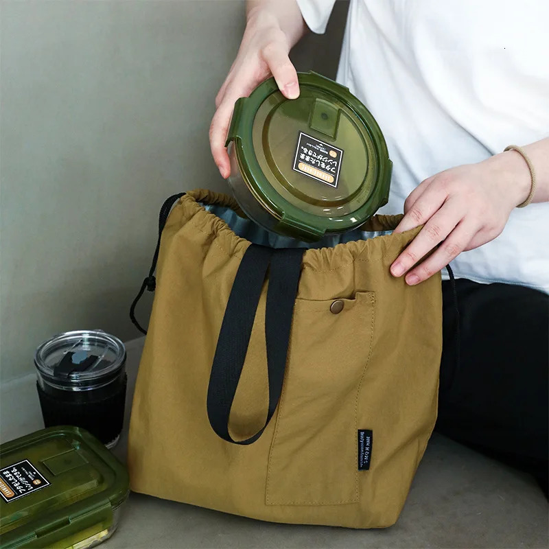 Japanese Korean Lunch Bag Cotton Canvas Large Solid Color Drawstring Portable Thermal Insulated Picnic Storage Bento Box Bag 250624