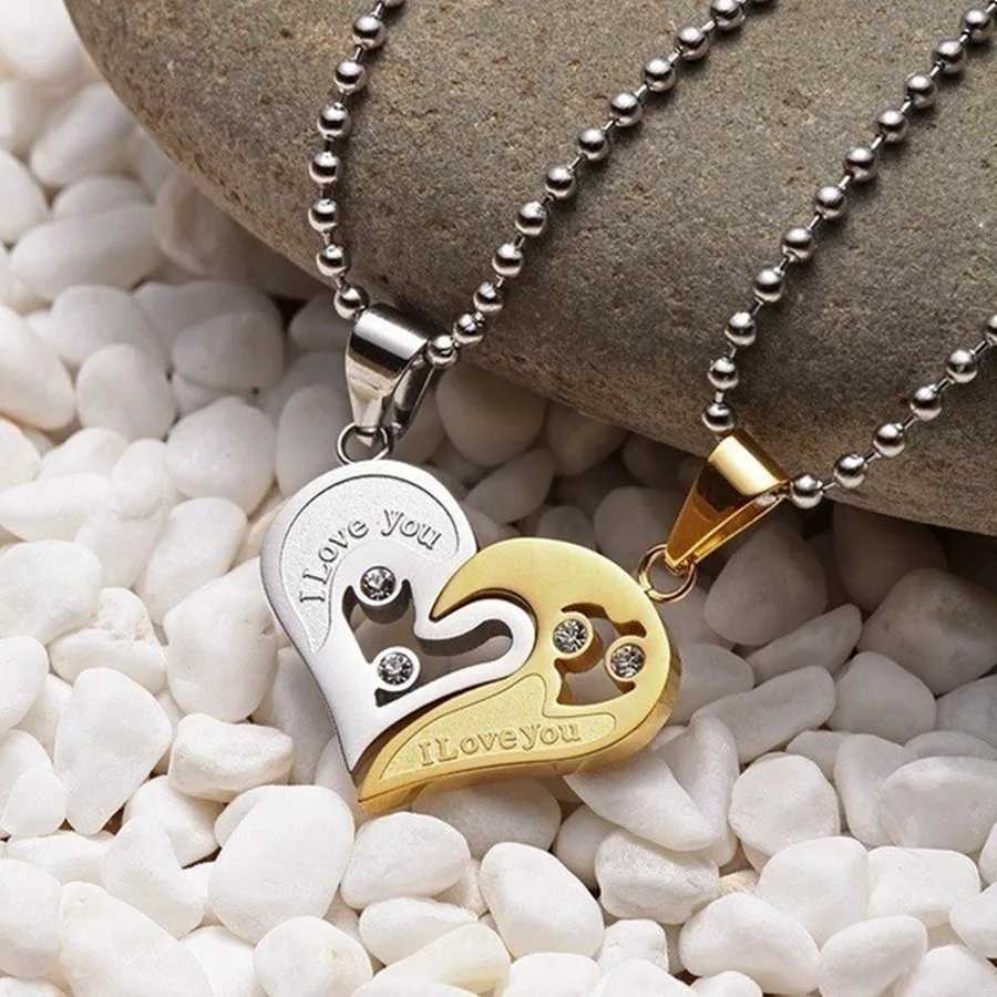 2Pcs/set Love Heart Couple Necklace For Women Men Two Colors Puzzle Hollow Zircon Heart Matching Pendant Valentines Day Gift V250625