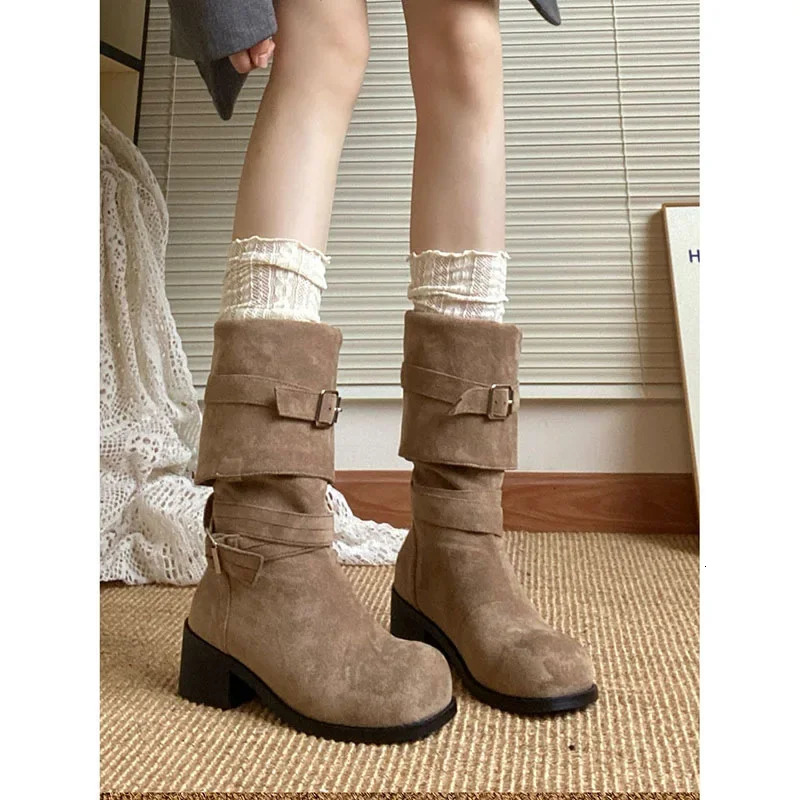 Women Vintage Pile Western Cowboy Boots Spring Autumn Long Boots Women Round Toe Slip on Knee High Casual Platform Botas Mujer 250623