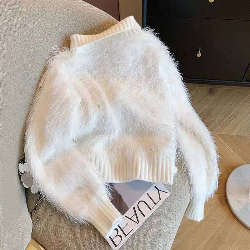 Mink Cashmere Temperament High Neck Sweaters Sueters De Mujer Korean Fashion Pull Femme Long Sleeve Short Cardigan Knitted Tops