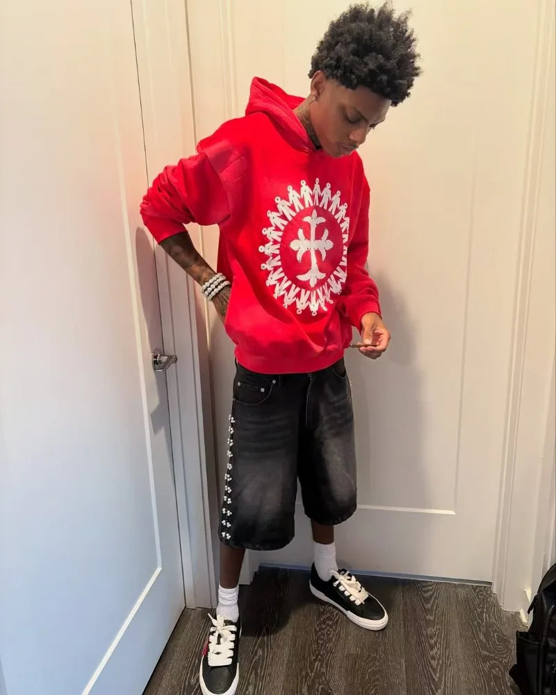 Streetwear Gothic Harajuku fashion men pullovers American trend red printed hoodie Hip hop punk casual loose sweatshirt 250618