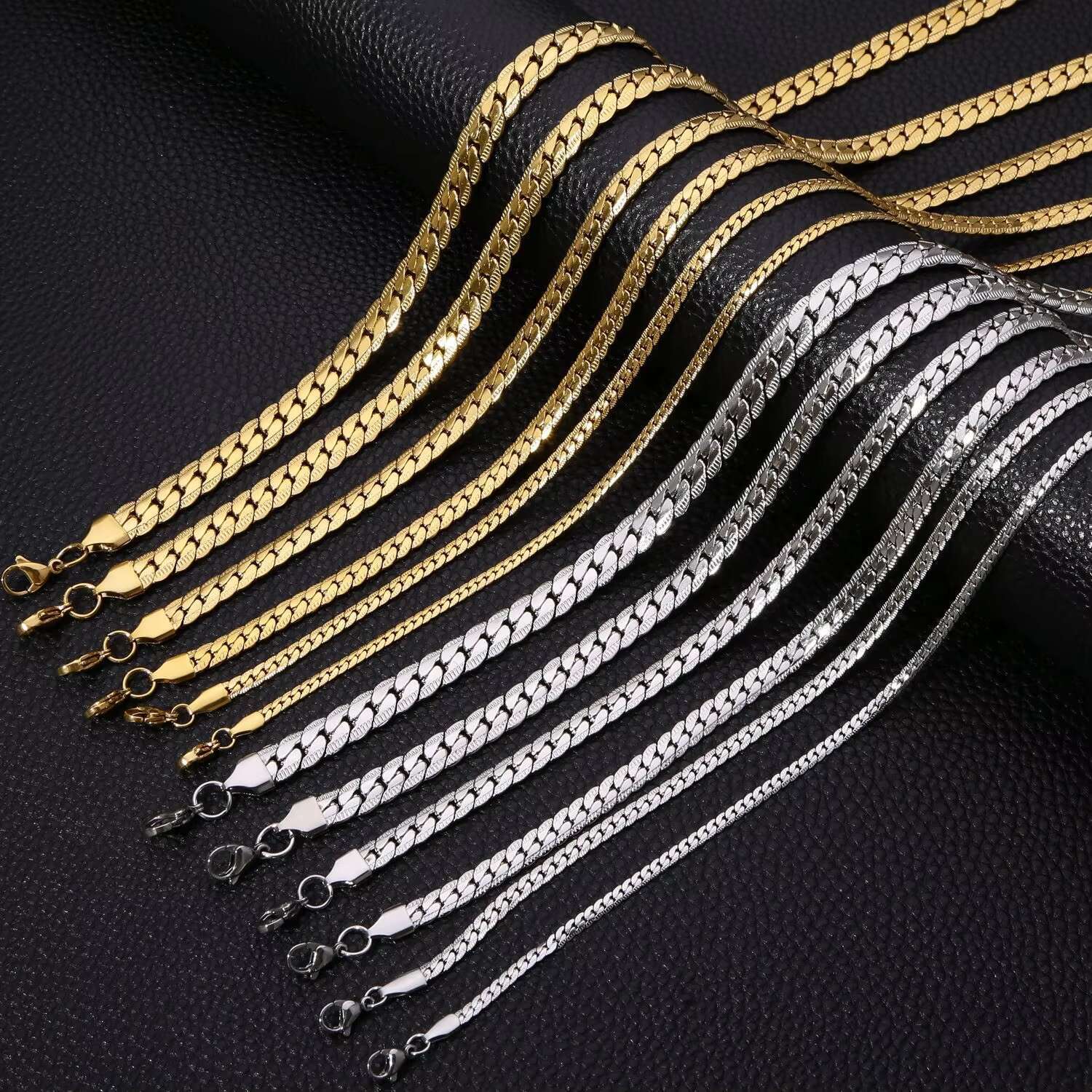 3MM 5MM Cool Cuban Men Embossed Flat Cuban Chain Necklace Gold Silver Stainless Steel Miami Cuban Link Chain Jewelry