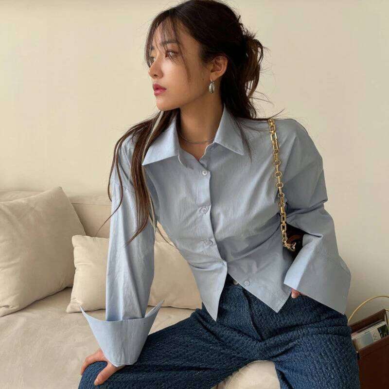 Gidyq Korean Bandage Shirt Women Fashion Backless Sexy Blouse Office Ladies Casual Slim Chic Turn Down Collar Long Sleeve Tops