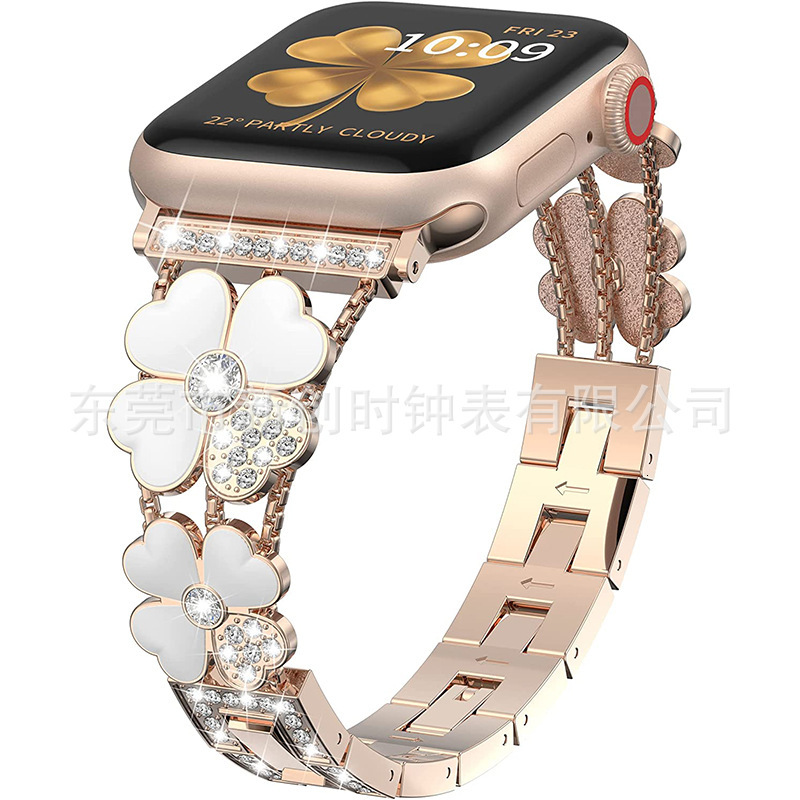 Luxury Premium Moissanite iWatch Series 10 Band Fashion Women's Four-Leaf Clover Rhinestone Bling Designer Strap Elegant Glamorous Metal Wristban