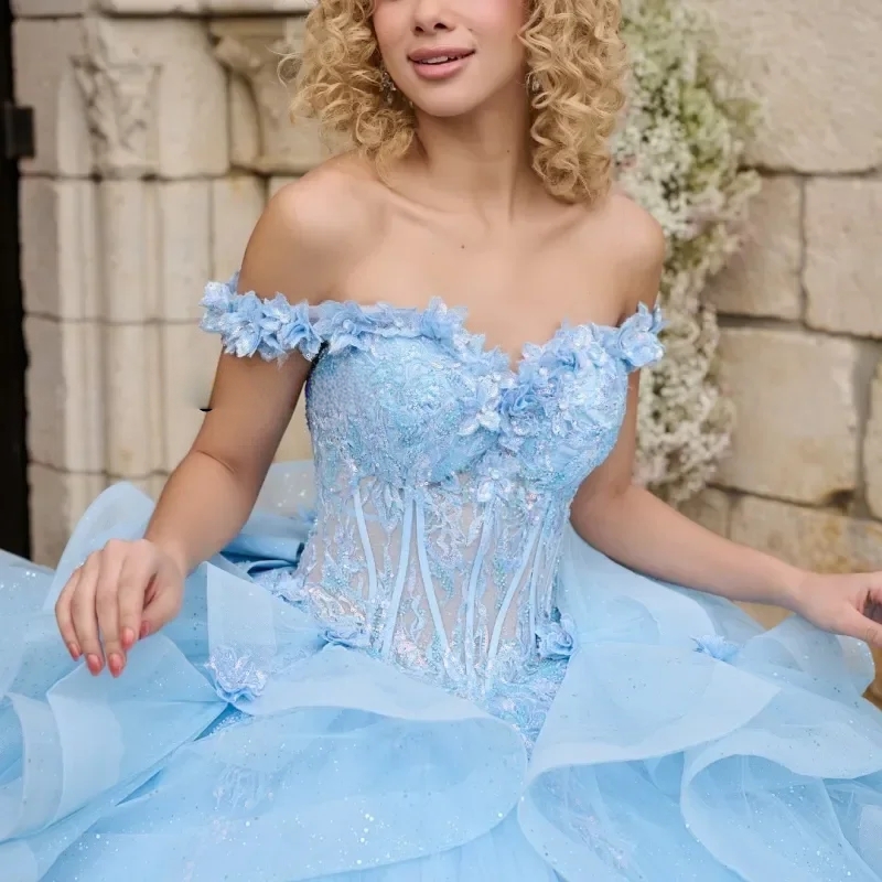 Baby Blue Ball Gown Quinceanera Dresses Off-Shoulder Applique Lace Bow Beads Tull Corset Sweet 16 Dress Vestidos De XV 15 Anos
